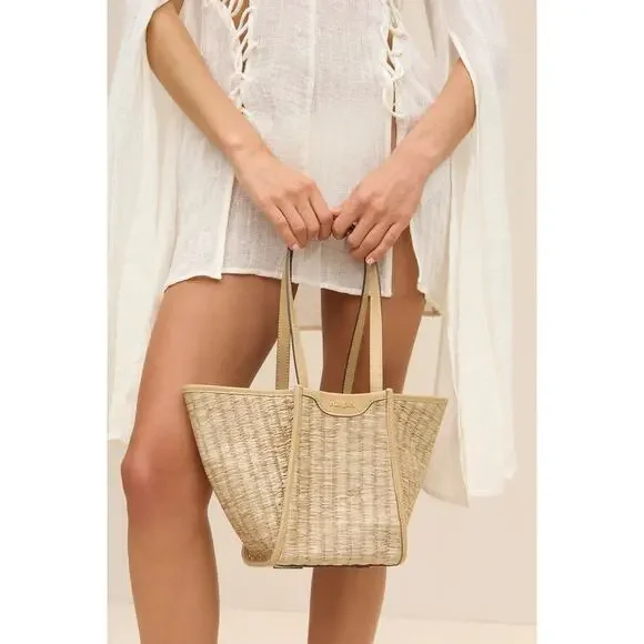 Cult Gaia Small Sadie Raffia Tote Bag with Leather Trim Retail $448 NWT - Picture 2 of 8